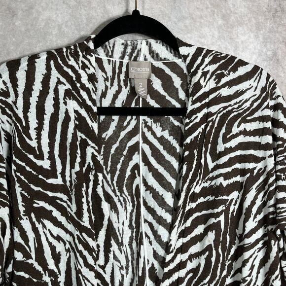 Chico's Cardigan Sweater Womens Size 2 US Large Brown White‎ Zebra Striped Open - Picture 2 of 10